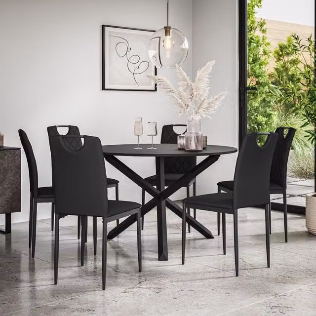 More4Homes Malvern Round Dining Table and 6 Monza Faux Leather Chairs Set, Black Table Top with Solid Oak Black Legs, Diameter: 120 cm, Height: 75 cm – 1