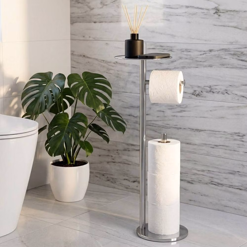Crystals Freestanding Metal Toilet Roll Holder with Storage Shelf in Silver, H: 64.0 cm, W: 18.0 cm – 3