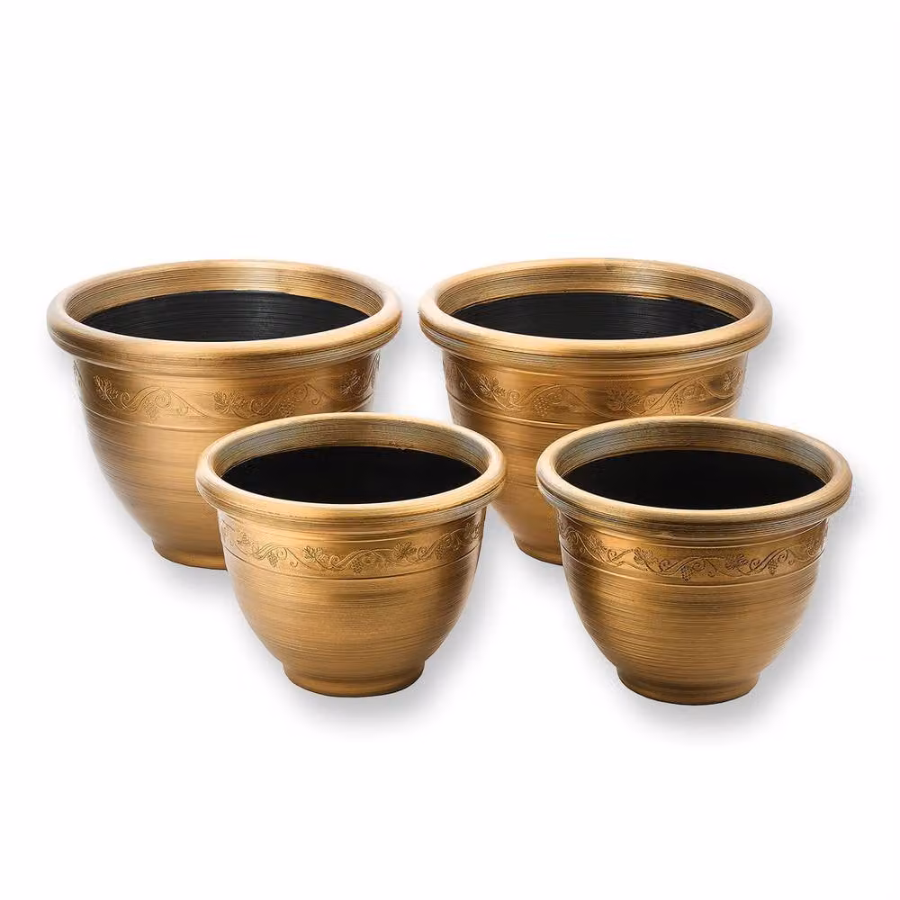 Coopers of Stortford Set of 4 Bronze Effect Plastic Outdoor Planters with Scroll Design – 2