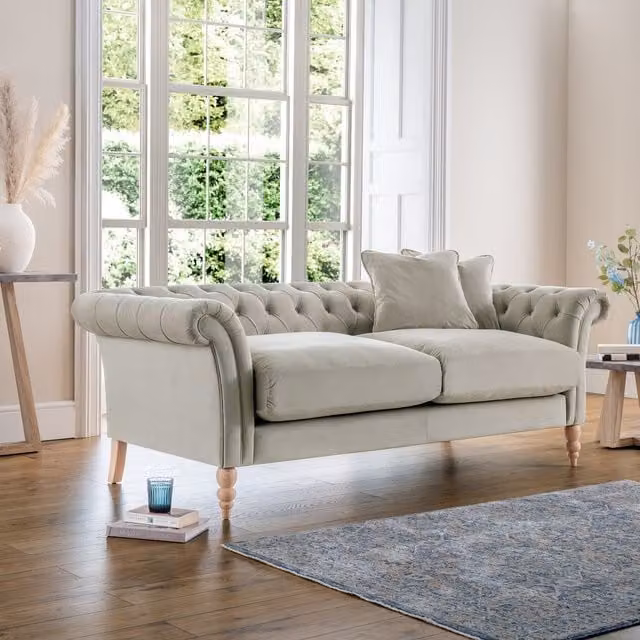 FurnitureboxUK Olivia 3 Seater Chesterfield Sofa in Ice Pale Grey Velvet with Feather Filling and Solid Wood Frame