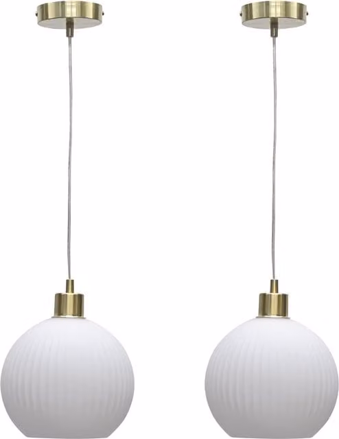 First Choice Lighting Betchley Set of 2 White Ribbed Glass Globe Pendants with Satin Brass Details – 1