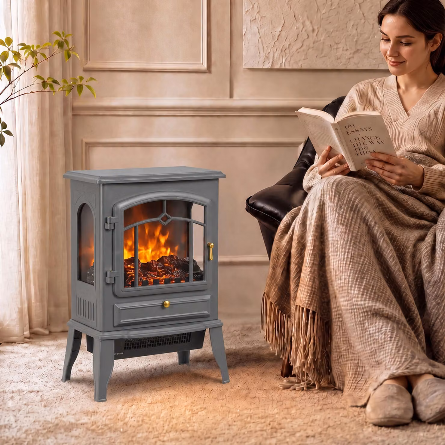 HOMCOM Electric Fireplace Stove, 1000/2000W 3-Sided Freestanding Fireplace Heater with 3D Flame Log and Thermostat, Grey – 2
