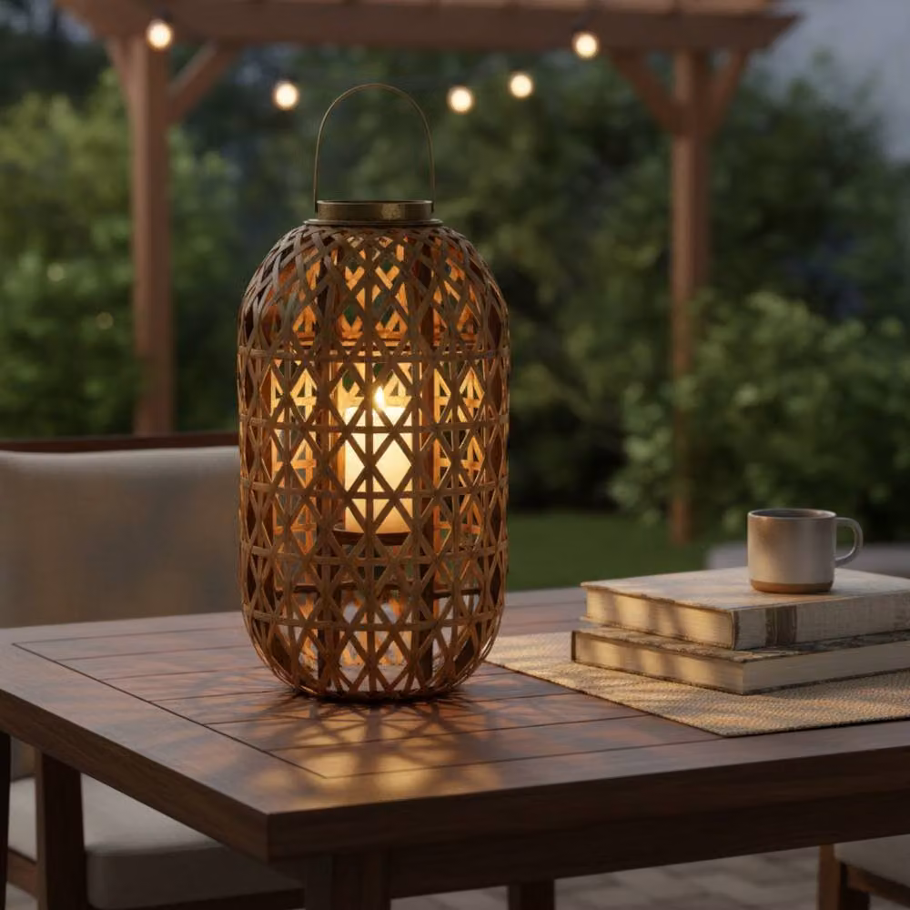 Four Candle Large Oval Bamboo Decorative Lantern in Brown, Height: 65 cm – 2