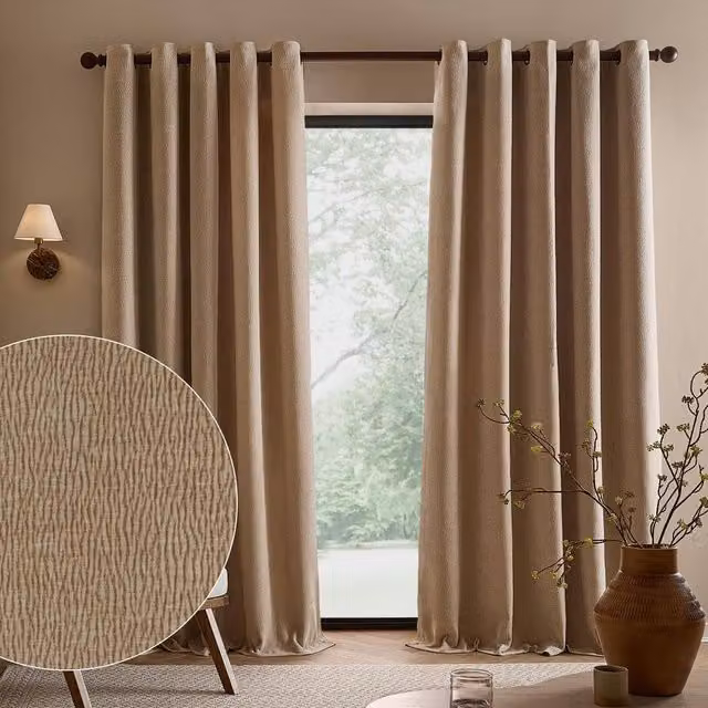 Yard Heath Washed Velvet Fully Lined Eyelet Curtain Pair in Beige, Width: 168 cm, Drop: 183 cm