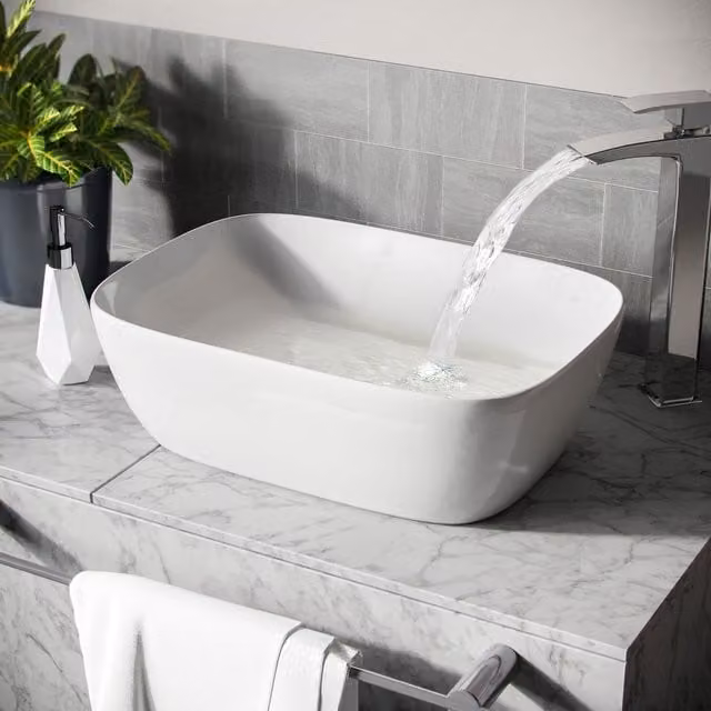 Nes Home White Ceramic Rectangular Countertop Cloakroom Basin, W: 46.0 cm, D: 32.5 cm, H: 14.0 cm