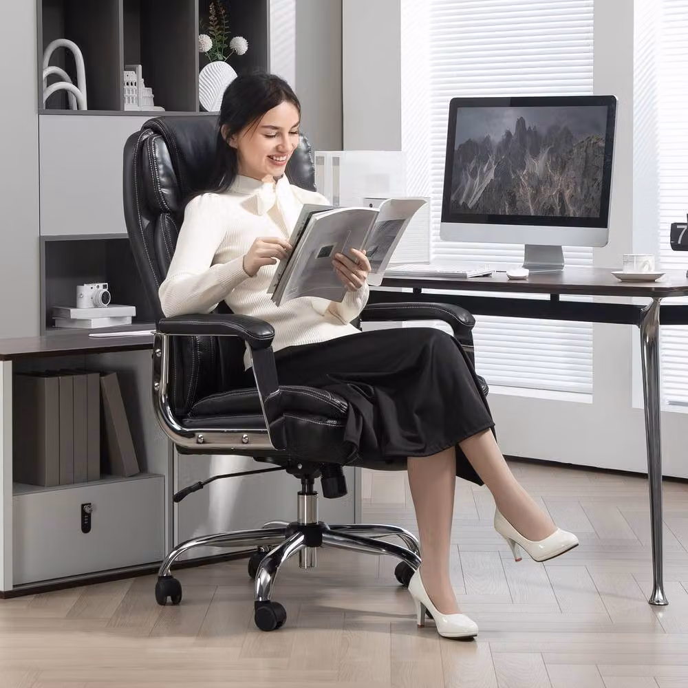 STILVORA Black Faux Leather Executive Office Chair with Headrest and Metal Base – 8