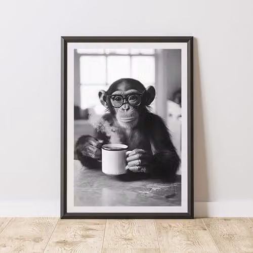 60 Second Makeover Funny Monkey Drinking Coffee Paper Poster, Multicolour, A4