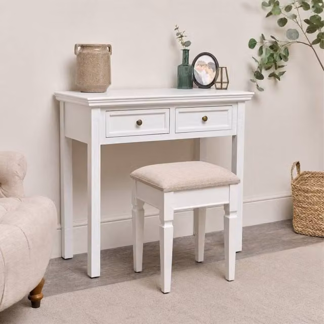 Melody Maison Modern White Lacquered 2 Drawer Dressing Table and Stool Set