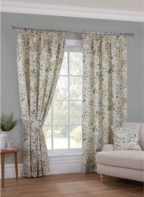 Sundour Cleo Fully Lined Floral Curtains and Cushion Cover in Willow Polycotton with Pencil Pleat