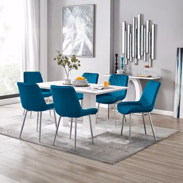 FurnitureboxUK Imperia 6-Person White Glossy Rectangular Dining Table and 6 Blue Pesaro Chairs with Silver Legs