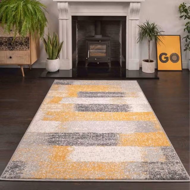 The Rug House Distressed Striped Block Living Room Rug in Yellow, W: 280 cm, D: 190 cm