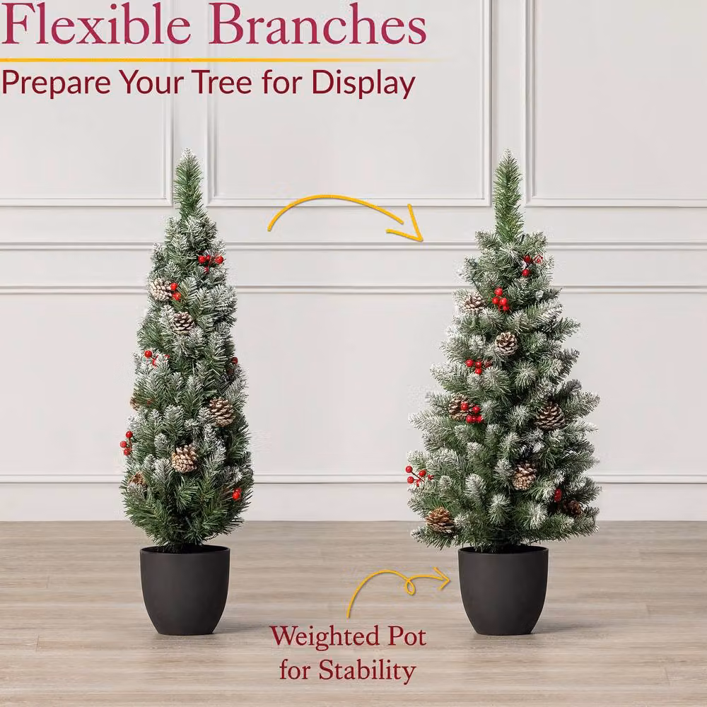 Christow 3ft Pre-Lit Rustic Pine Cone and Berry Christmas Tree with LED Lights and Battery Timer in Green – 5