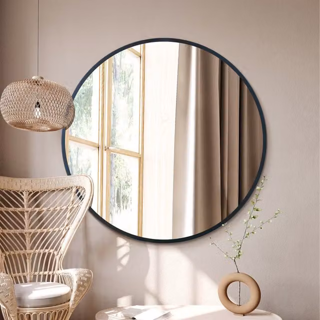 MirrorOutlet The Fenestra Modern Round Black Edged Wall Mirror, Diameter: 119.38 cm