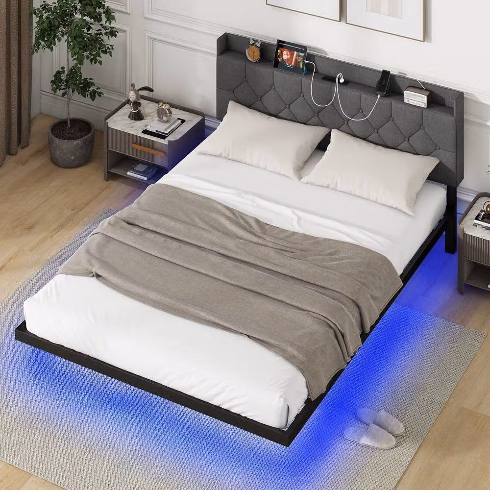 Costway King Size Modern Upholstered Floating Platform Bed Frame in Grey with Under-Bed Lighting and USB Charging Ports, W/D/H: 180 x 200 cm – 7