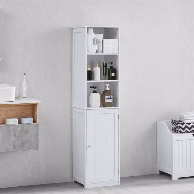 FORGEVIO Modern White Tall Bathroom Cabinet with 1 Hinged Door and 2 Internal Shelves