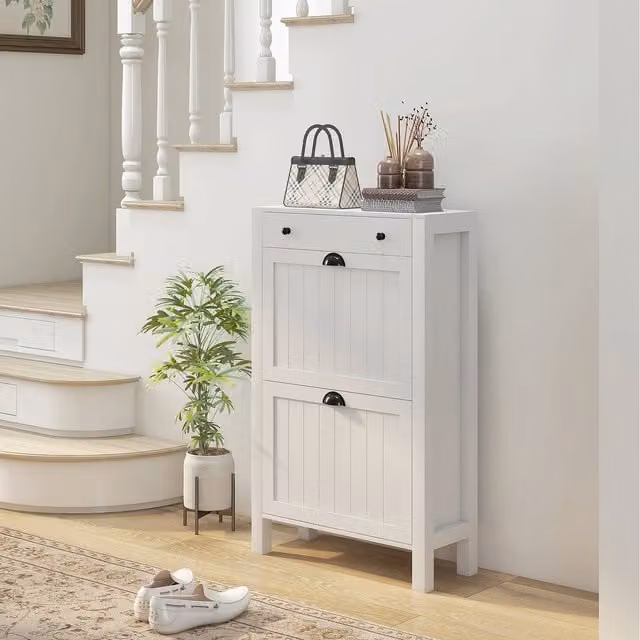 HOMCOM Narrow White Modern Shoe Cabinet with 2 Tilting Compartments