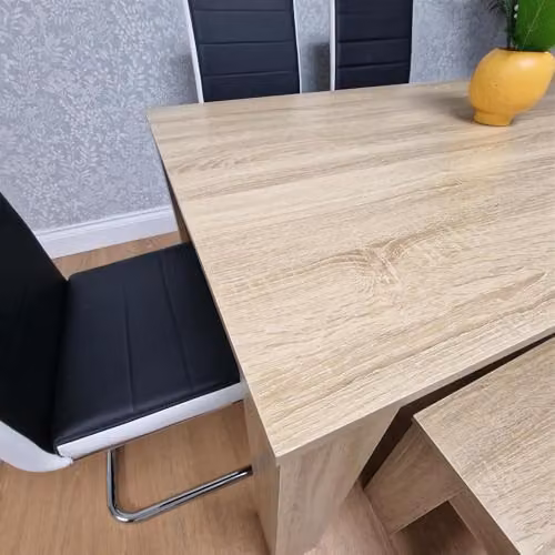 Kosy Koala Oak Effect Dining Set with Rectangular Table, Bench and 4 Black and White Striped Faux Leather Chairs – 2