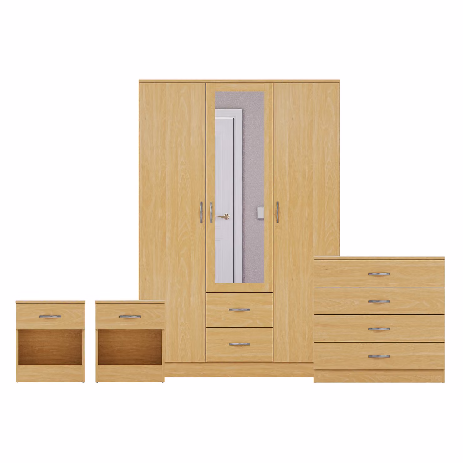 Vida Designs 4 Piece Modern Bedroom Set in Brown including 2 Bedside Tables, 4 Drawer Chest and Mirror Wardrobe – 2