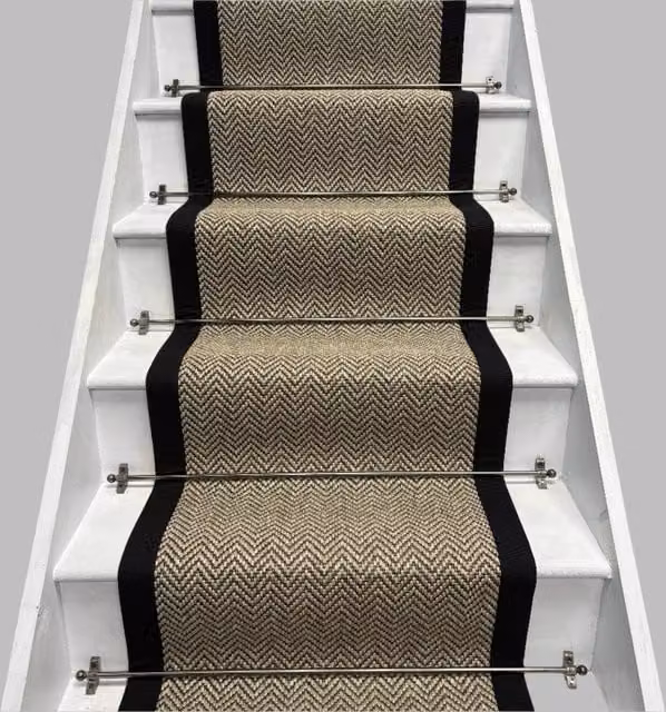RainbowHome Herringbone Java Beige Stair Runner with 100% Cotton Black Border, W: 50 cm, L: 600 cm
