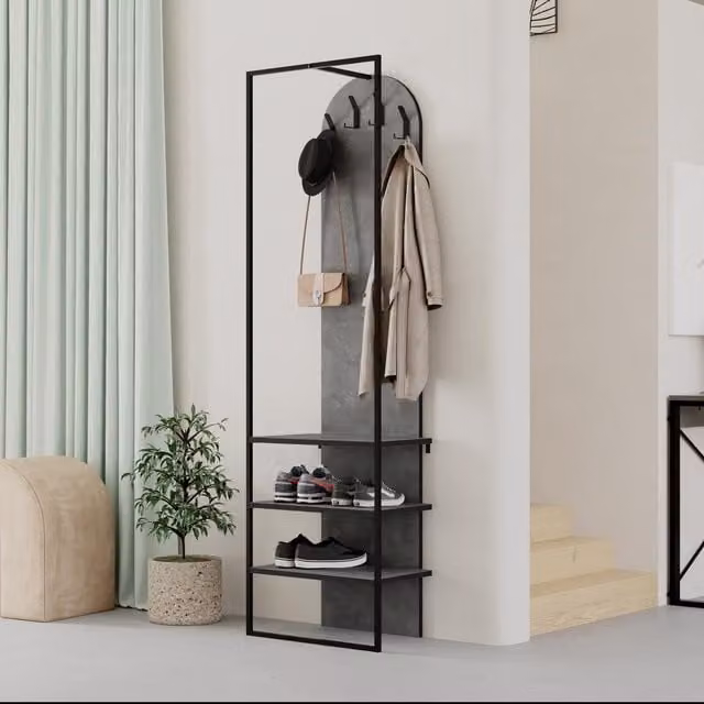 FWStyle Retro Hallway Coat Rack and Shoe Storage Unit with Bench in Grey Oak and Black