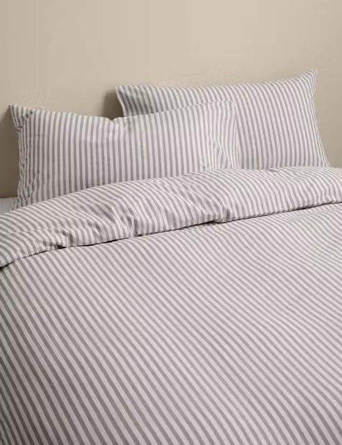 M&S Grey Cotton Blend Striped Bedding Set, W/D/H: 90 x 190 cm