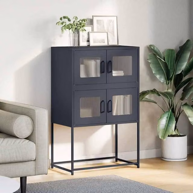 Berkfield Home Anthracite Highboard in Matt Grey Metal with Glass Doors, W/D/H: 68 x 39 x 107 cm