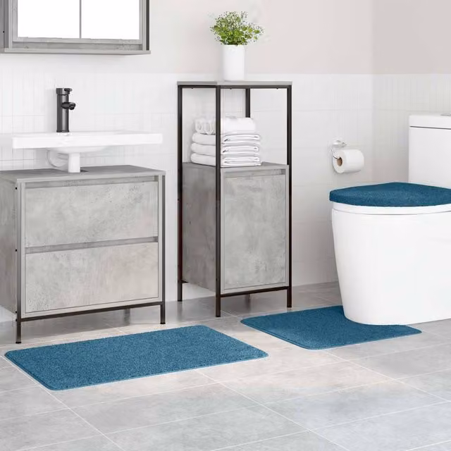 Berkfield 3 Piece Soft Non-Slip Bath Mat Set in Blue Polyester