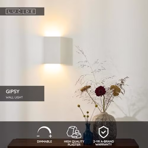 Lucide Gipsy Dimmable Modern Rectangular Plaster and Ceramic Wall Light, White, 1xG9 – 2