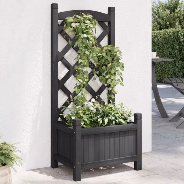 Berkfield Home Black Solid Wood Fir Planter with Trellis – 1