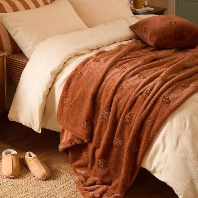 Furn Autumn Trail Embroidered Floral Throw in Orange, W: 130 cm, D: 180 cm
