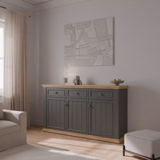 Furniture To Go Pontypool 3 Drawer and 3 Door Sideboard in Grey and Mauvella Oak