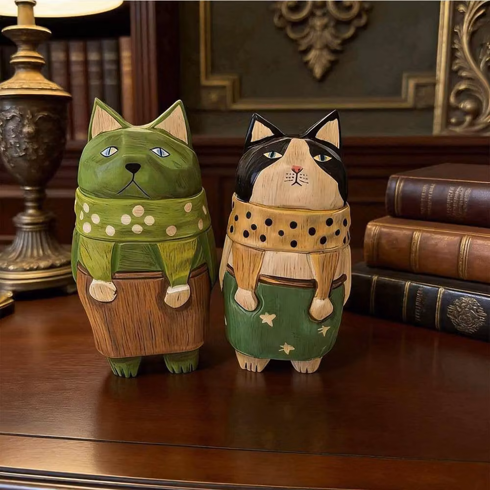 Quipulse Style 1 Hand-carved Multicolour Wooden Grumpy Cat Tabletop Ornament – 2