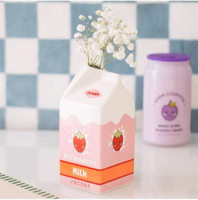 KDMD Strawberry Milk Carton Ceramic Flower Vase in Pink – 1