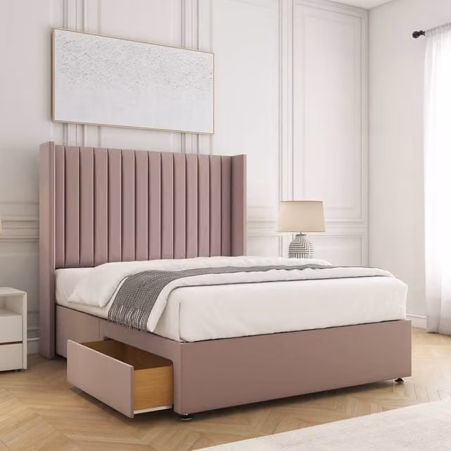 BSSPOKE Manhattan King Size Divan Bed with 54 inch Plush Headboard and 2 Drawers in Pink Velvet Fabric, W/D/H: 180 x 200 cm