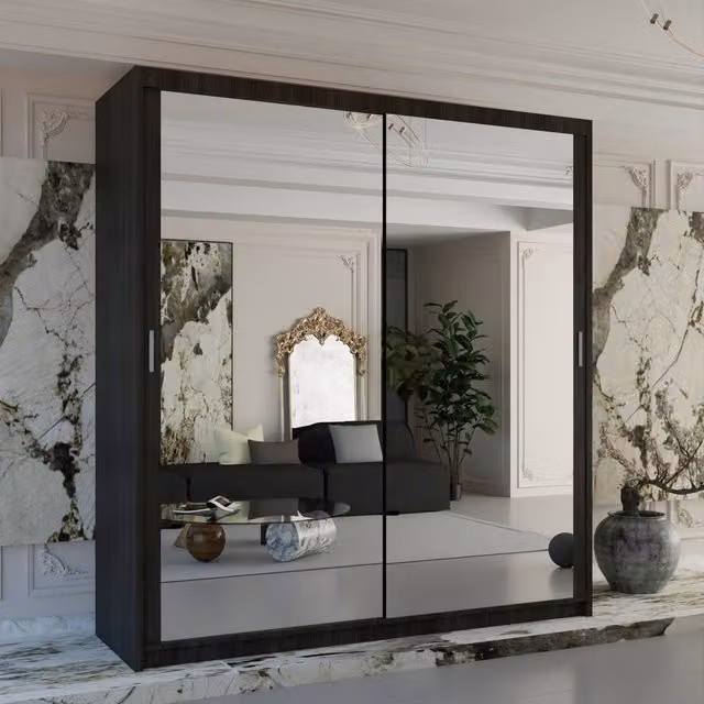Sliding Wardrobes 4U Double Mirror Sliding Wardrobe with LED Light in Dark Brown, W90cm x H200cm x D62cm
