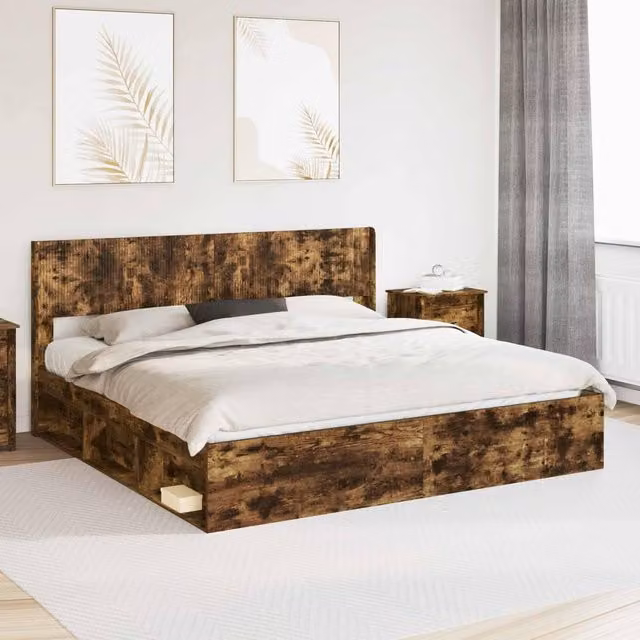Berkfield Home Modern Bed Frame with Headboard and Side Compartment Storage, Smoked Oak, Brown, W/D/H: 180 x 200 cm