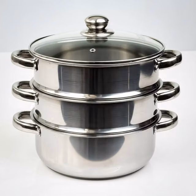 Crystals 3 Tier Stainless Steel Induction Hob Steamer Pot with Glass Lid, Metallic Silver, Diameter: 22 cm