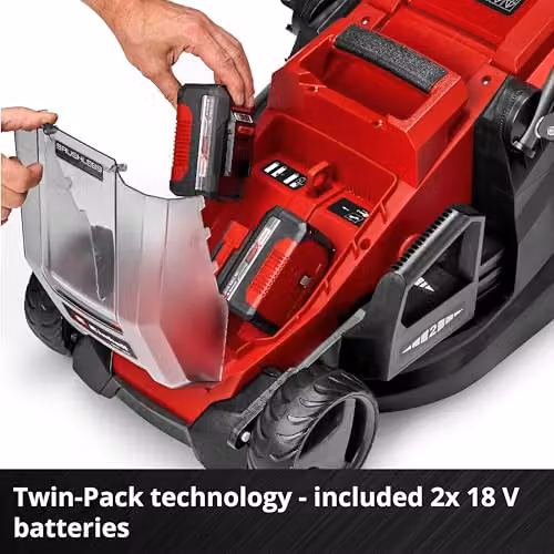 Einhell Power X-Change 36V Cordless Lawnmower in Red with 2x Rechargeable Batteries, 2x Quick Chargers, Mulching Kit and Collection Bag – 3