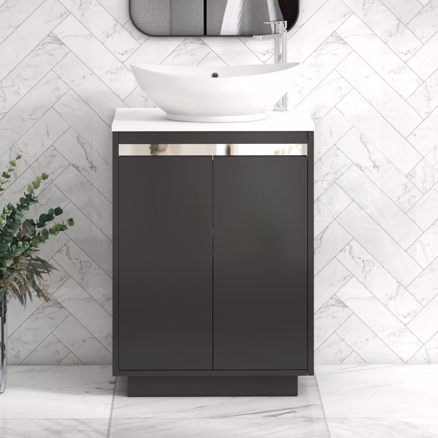 Royal Bathrooms Orion 600mm Matt Obsidian Black and Plain White Floor Standing 2 Door Vanity Unit with Amaze Basin and Chrome Accent Trim