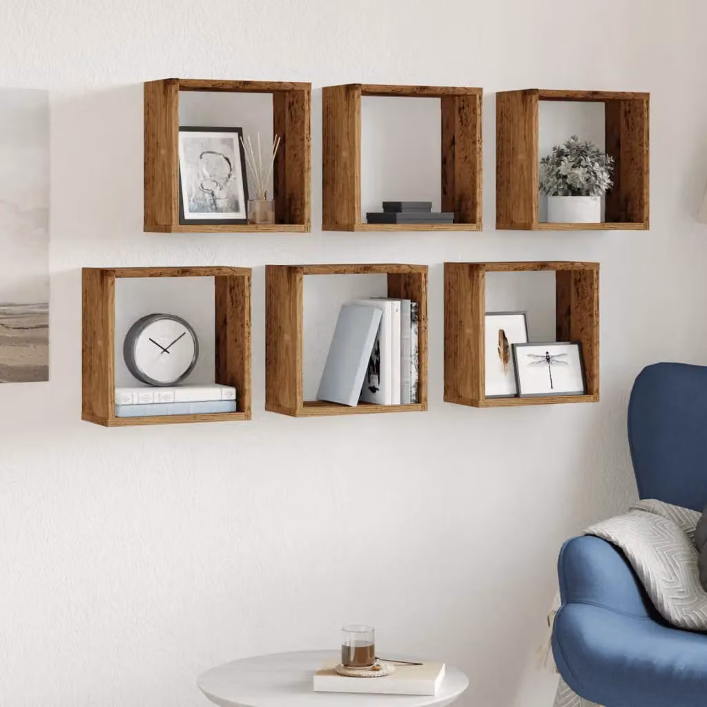 Berkfield Home Set of 6 Wall Mounted Cube Shelves in Brown Old Wood, W/D/H: 30 x 15 x 30 cm – 3