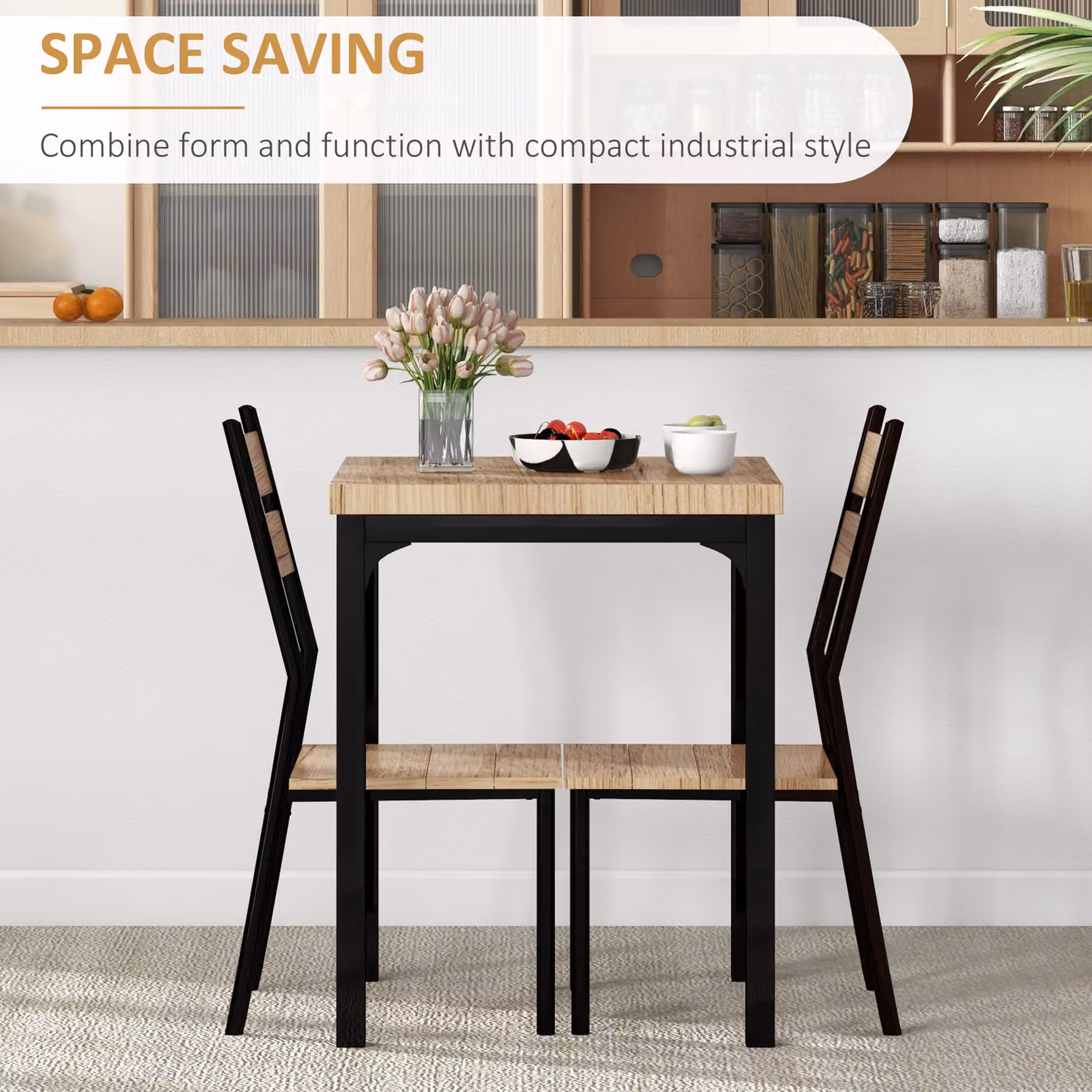 HOMCOM Small Dining Table and 2 Chairs Set with Natural Wood Finish and Metal Legs in Brown – 4