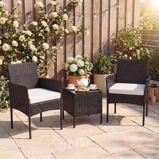 Costway 3-Piece Rattan Garden Conversation Set with Beige Cushions and Black Metal Frame