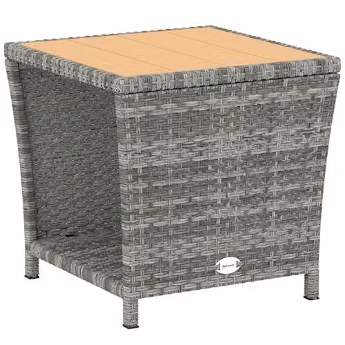 Outsunny 2-Tier PE Rattan Side Table with Storage Shelf in Grey
