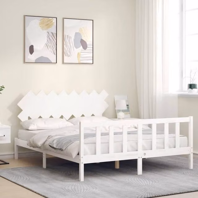 Berkfield Home Beautiful Bed Frame with Headboard in White Solid Pine Wood, W/D/H: 160 x 200 x 80.5 cm