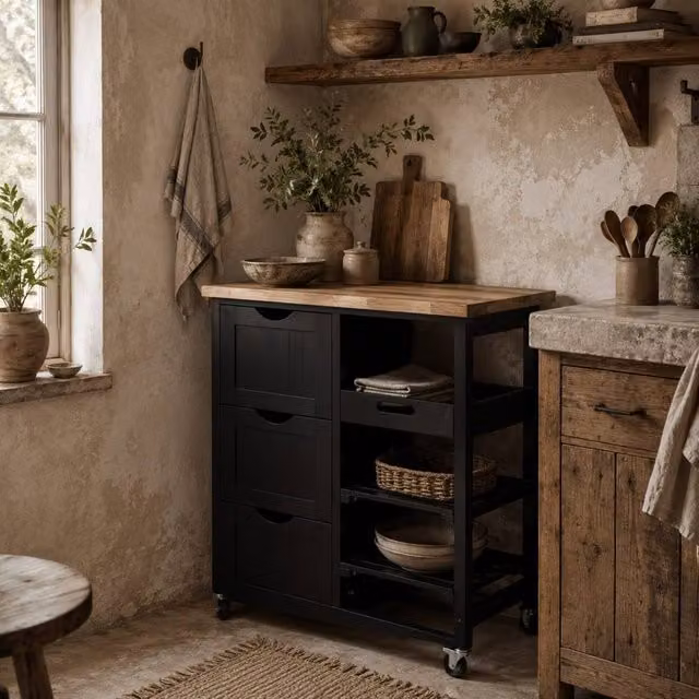 Wyld Haus Compact Rolling Kitchen Island with Black Lacquered Rubberwood Top, 3 Drawers and 2 Shelves, W/D/H: 67.0 x 37.0 x 85.5 cm