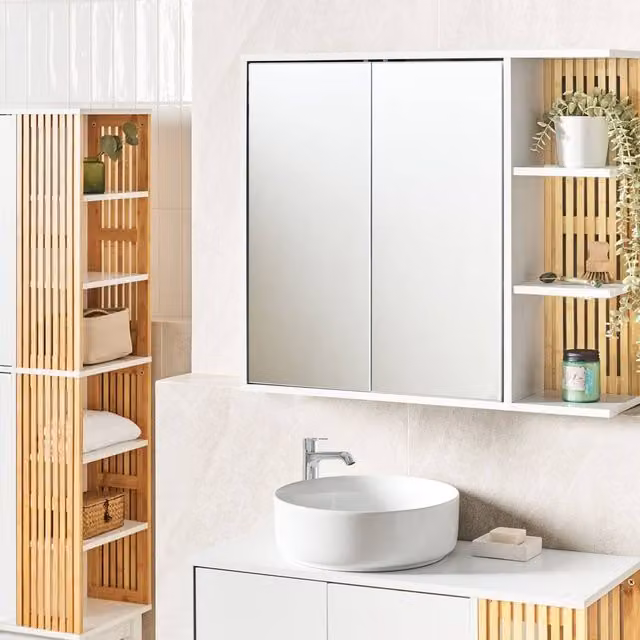 Wyld and Coco Wall-Mounted Bathroom Mirror Cabinet in White and Light Wood, W/D/H: 70 x 21 x 80 cm