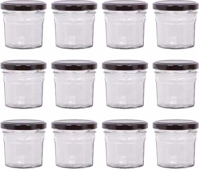 Argon Tableware Black Glass Jam Jars with Screw Lids, 90ml, Pack of 12