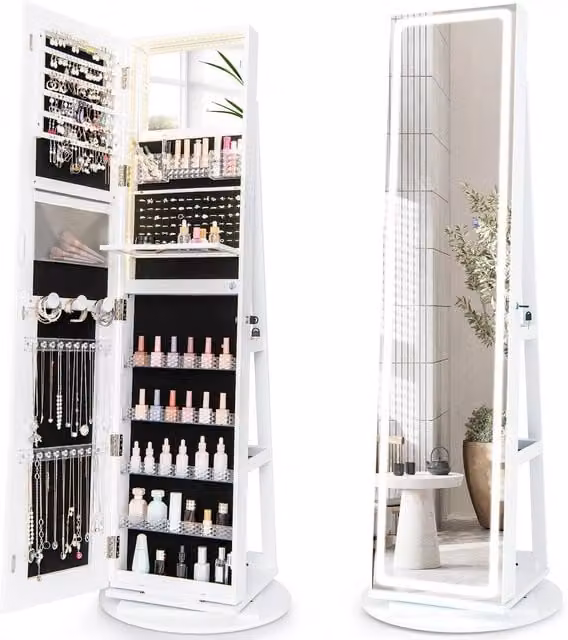Costway 360 Swivel Lockable Jewelry Makeup Armoire with LED Lights and Mirror in White