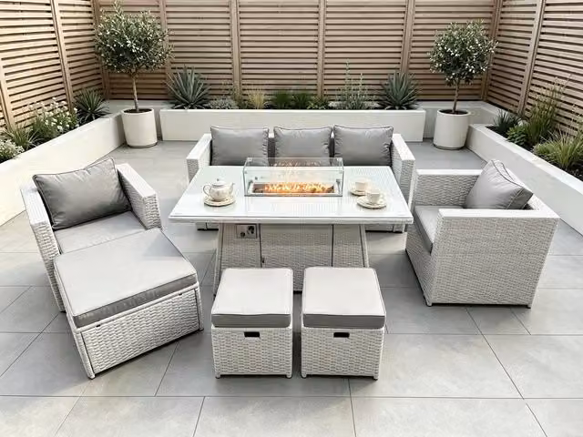 Fimous Rattan Garden Furniture Set with Gas Fire Pit, 3-Seater Sofa, Coffee Table and Ottoman in Light Grey
