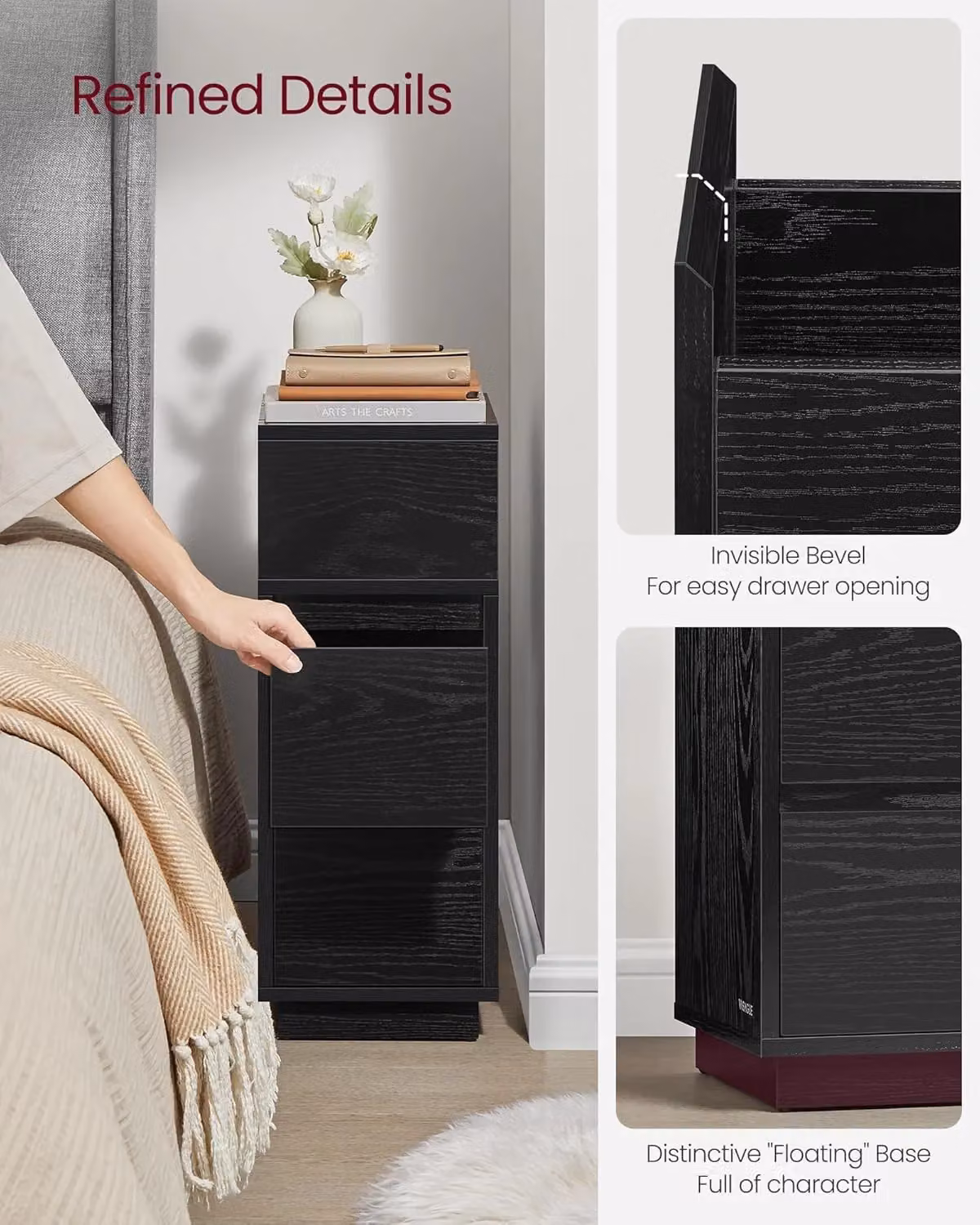 VASAGLE Slim Narrow Bedside Table with Drawers and Open Compartment in Black – 5